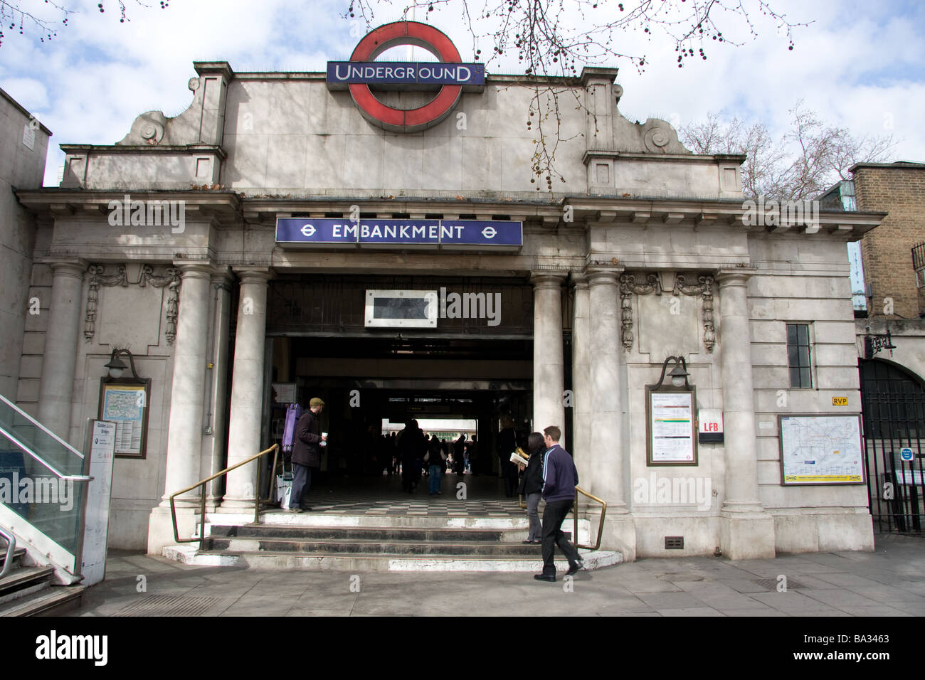 london england uk facade front embankment tube underground station commuters Stock Photo