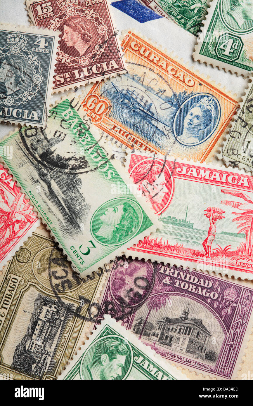 Old Postage Stamps from the Caribbean. Stock Photo