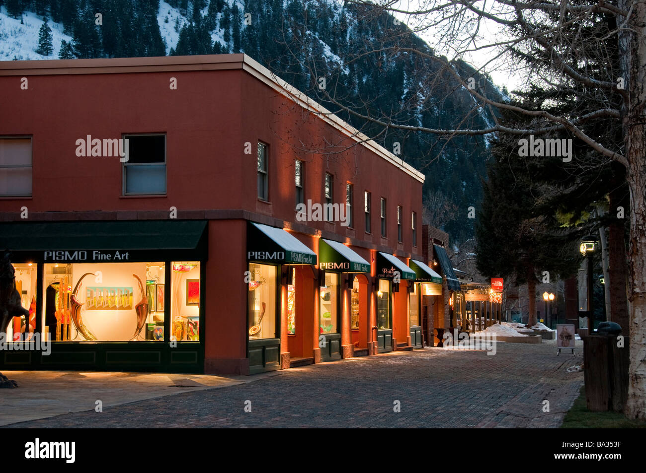 Shops along Cooper Avenue at dusk, Aspen, Colorado. Stock Photo