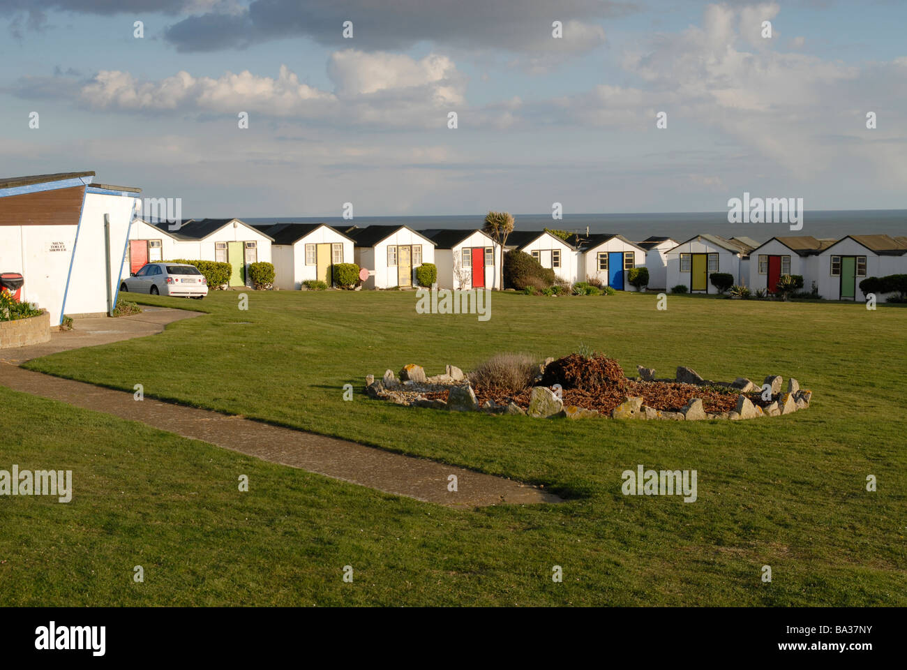 Chalets at Brighstone Holiday Centre in frot of the ocean, Isle Of Wight Stock Photo