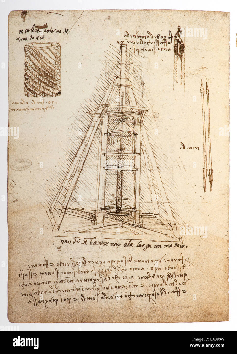 Design for a Drill by Leonardo da Vinci 1487-1490 pen and ink Stock Photo