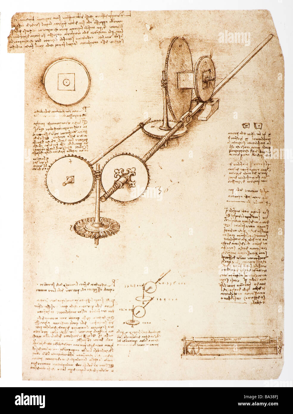Sketch of a Rolling Mill by Leonardo da Vinci 1500-1510 pen and ink Stock Photo