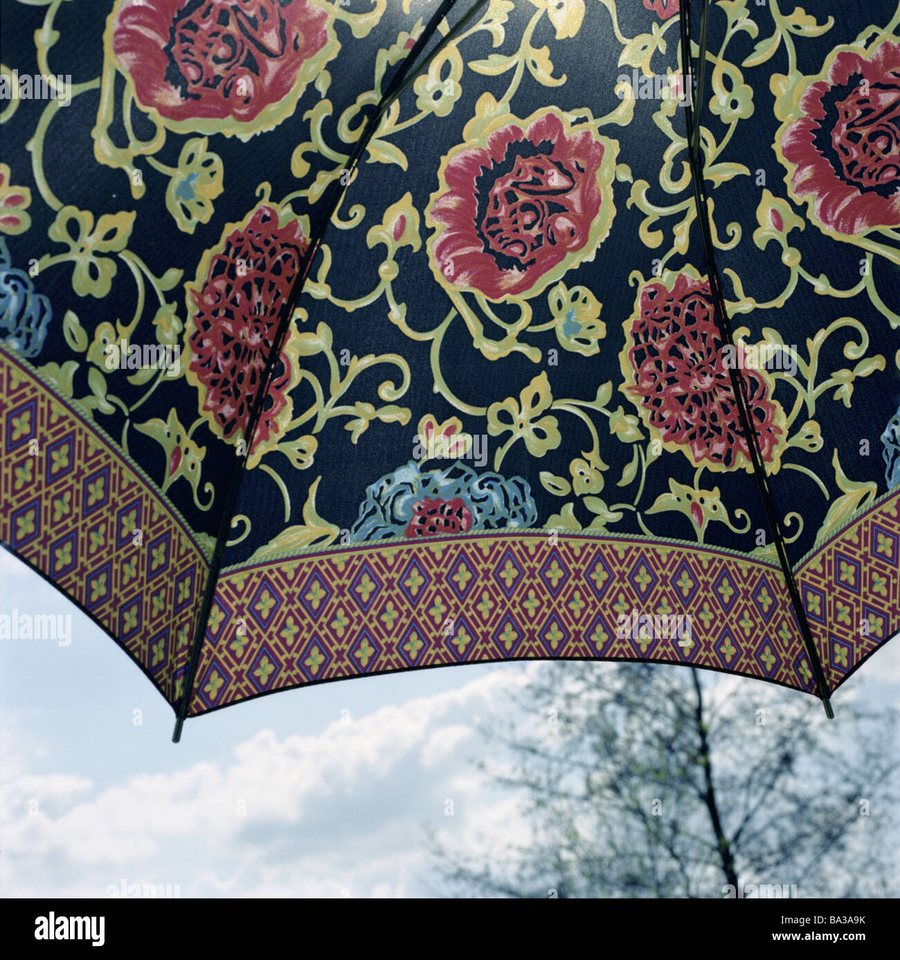 Umbrella flower-patterns detail from below outside umbrella protection rain-protection quests material patterns flowers roses Stock Photo