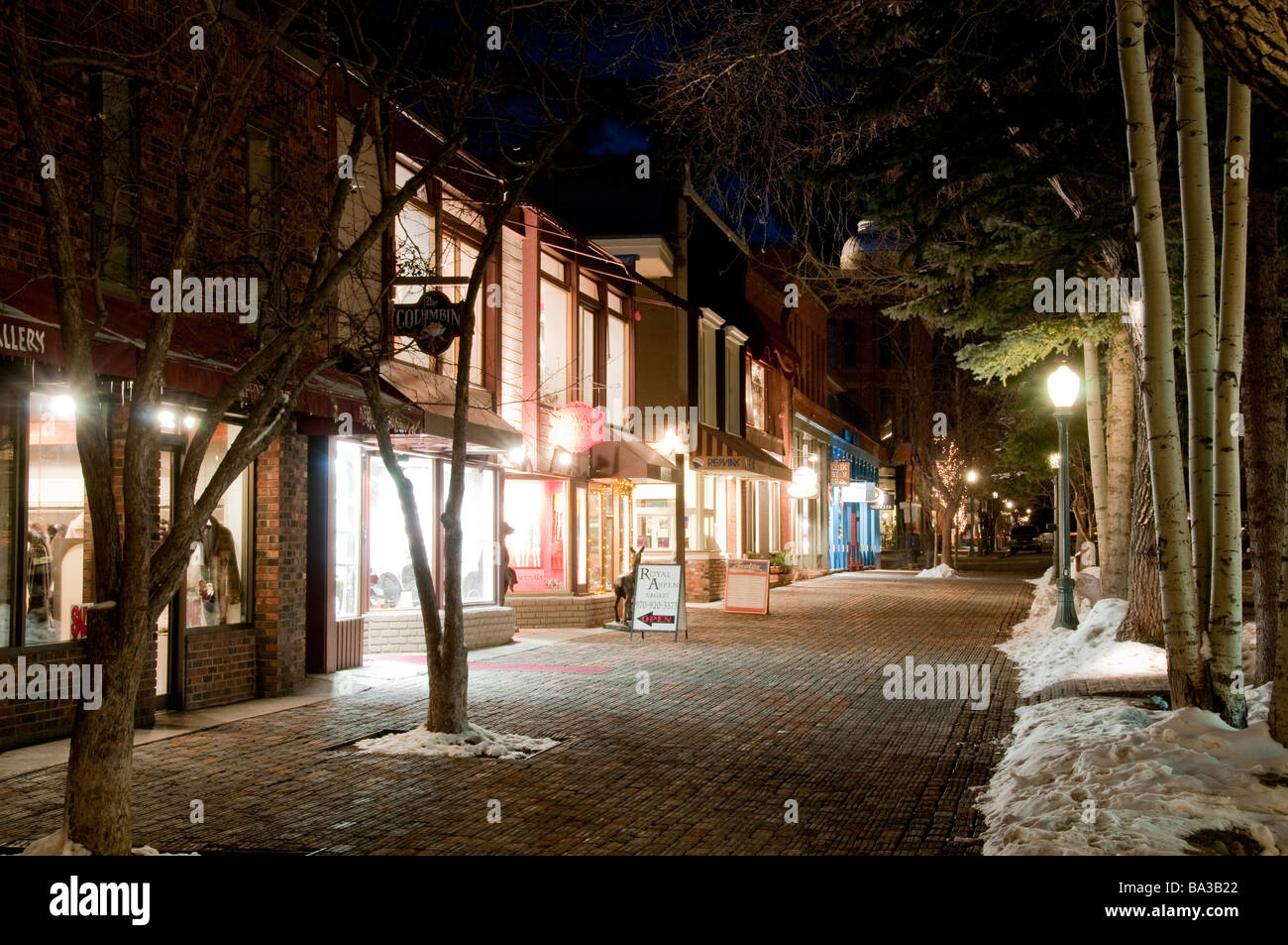 Shops along the Hyman Avenue Mall at night, Aspen, Colorado. Stock Photo