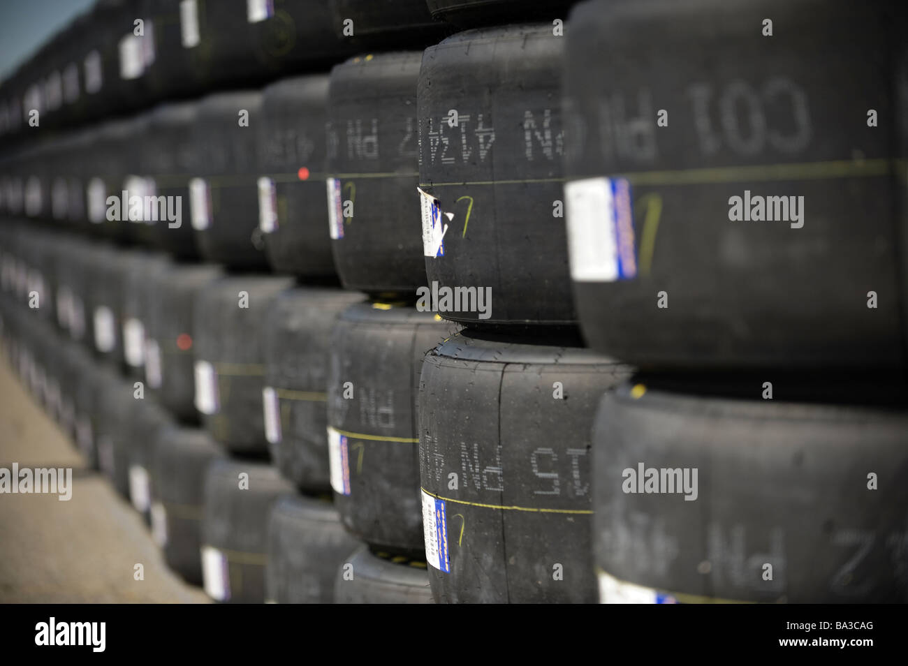 Stacks of Goodyear NASCAR racing tires at the 3M Performance 400 at Michigan International Speedway, 2008. Stock Photo
