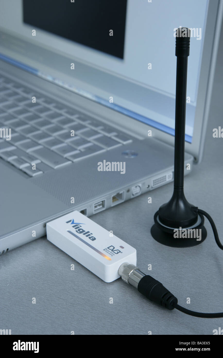 Laptop Miglia TVMini USB DVB-T tuners do embroidery digital television  rod-antenna no property release Notebook computers Stock Photo - Alamy