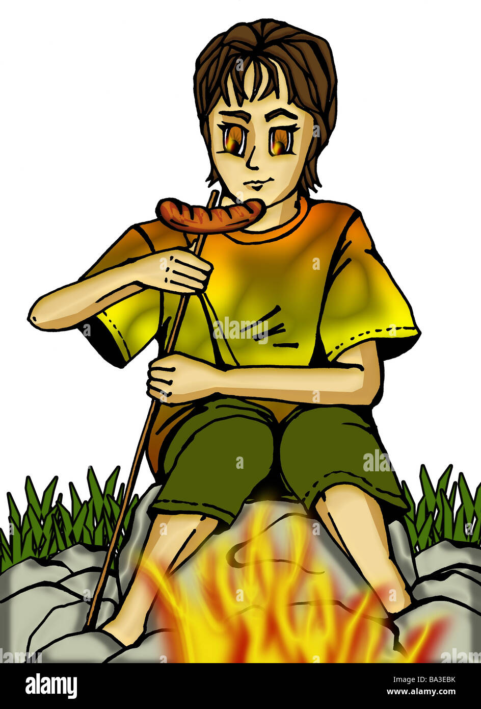 Illustration Manga teenager camp fires grills stick sausage graphics  drawing watercolor comic-drawing comic Mangastil Stock Photo - Alamy