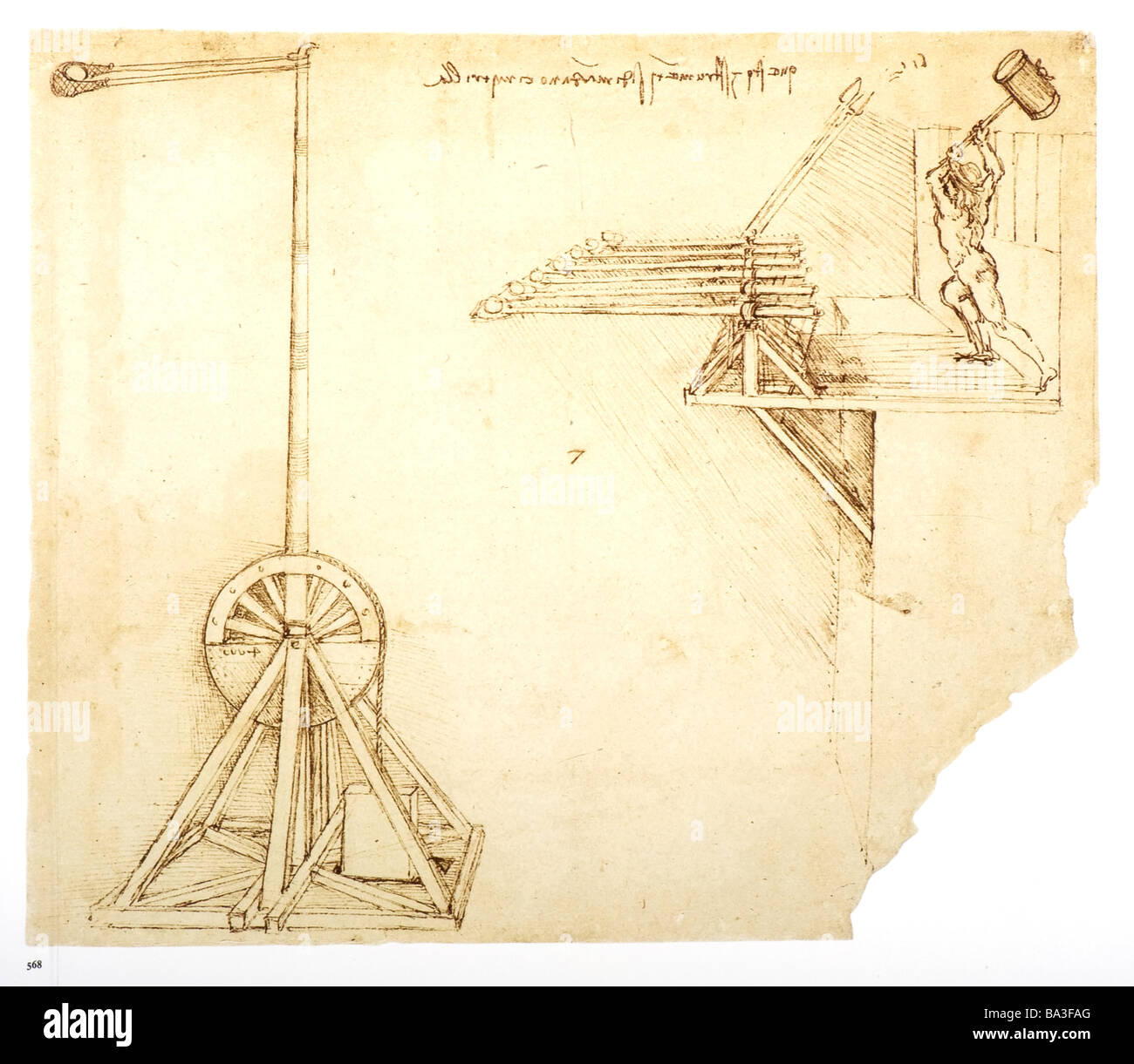 Military Machine to Catapult Stones by Leonardo da Vinci 1485 pen and ink Stock Photo