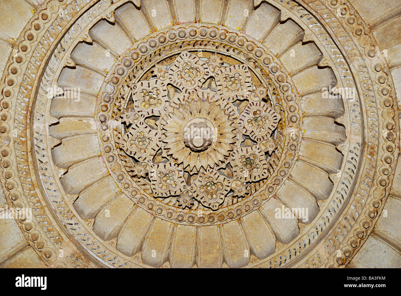 Incredible stone carving on dome of Jain temple, Jaisalmer Fort, Rajasthan State, India. Stock Photo