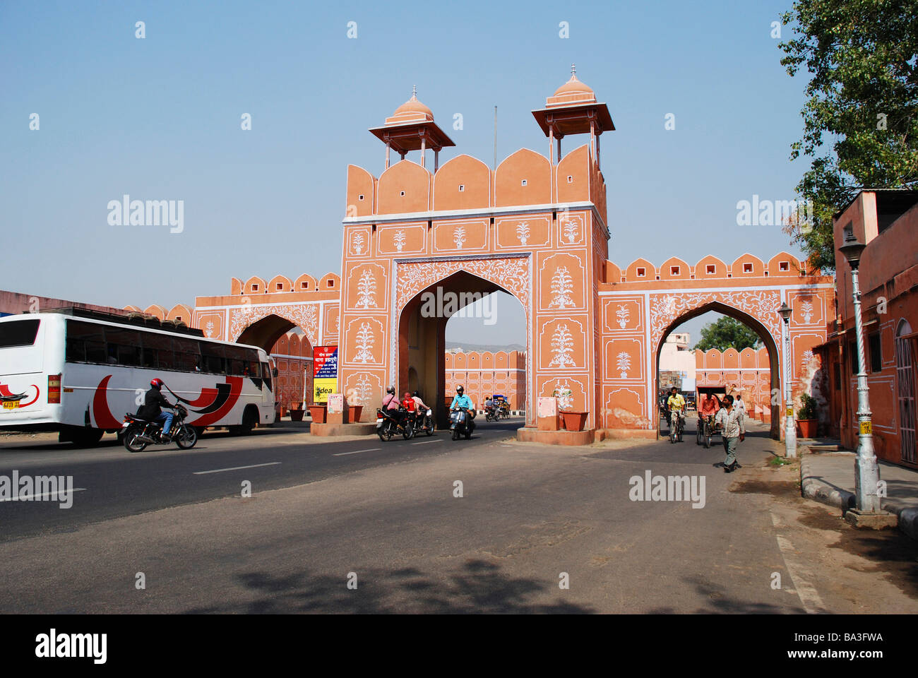 The picturesque city gate, one of the many gates of the city of Jaipur. The exterior is well adorned. Rajasthan State, India. Stock Photo