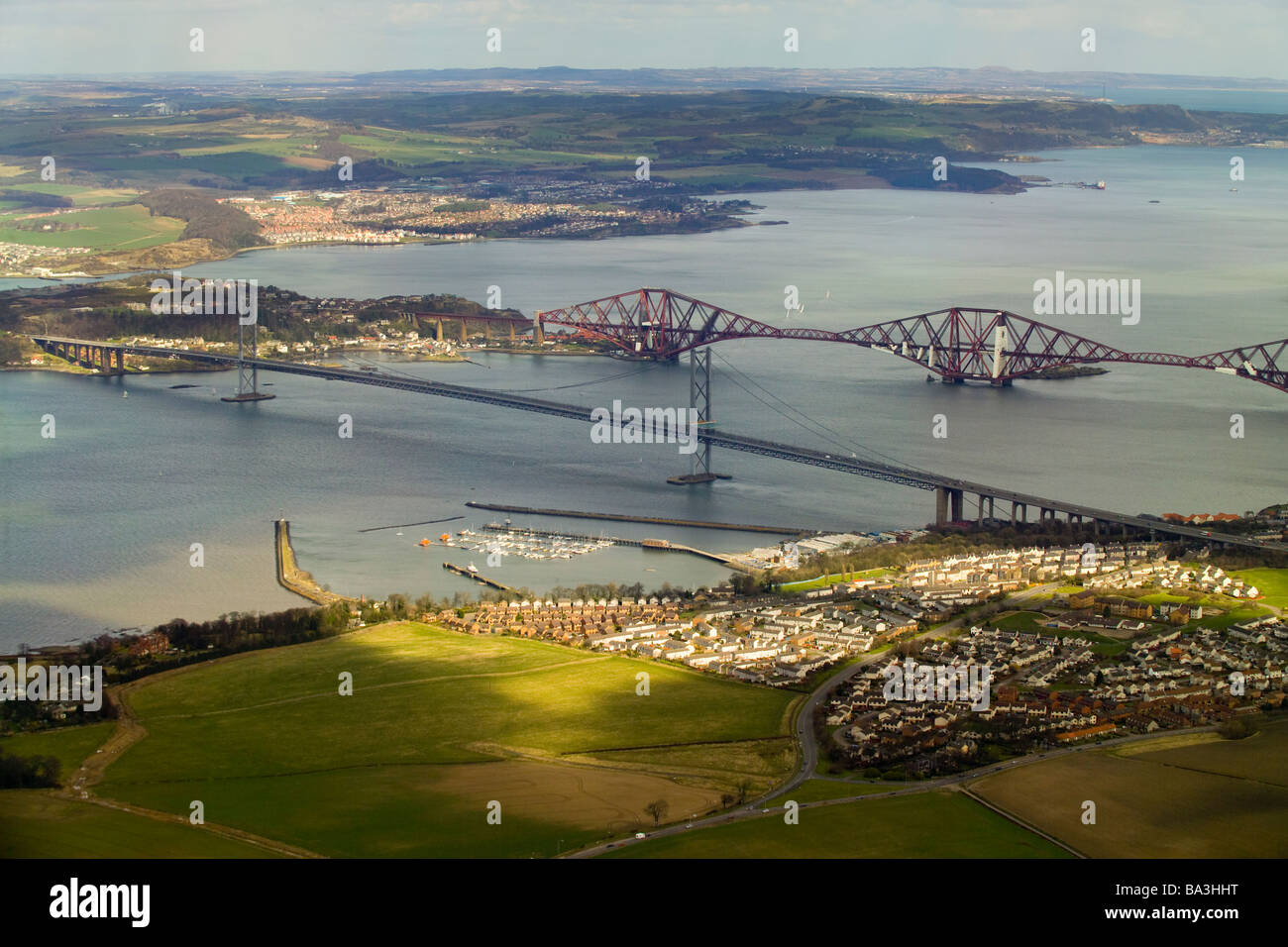 aerial photograph of forth road and rail bridges looking north Stock