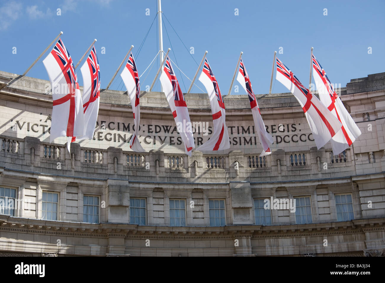 london england uk british white ensign navy naval flag entrance to the mall Stock Photo
