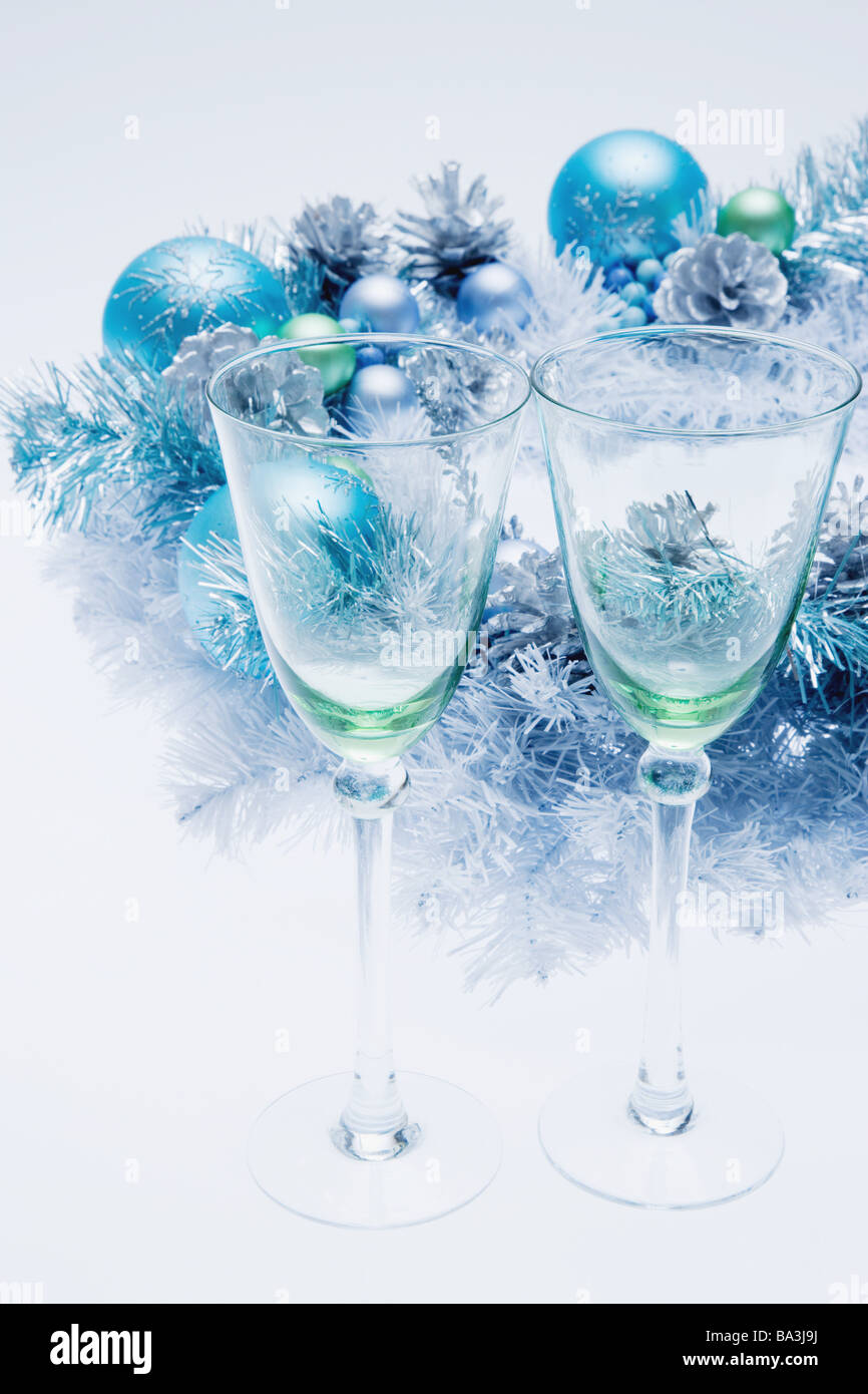 Wine Glasses with Christmas Decoration Stock Photo