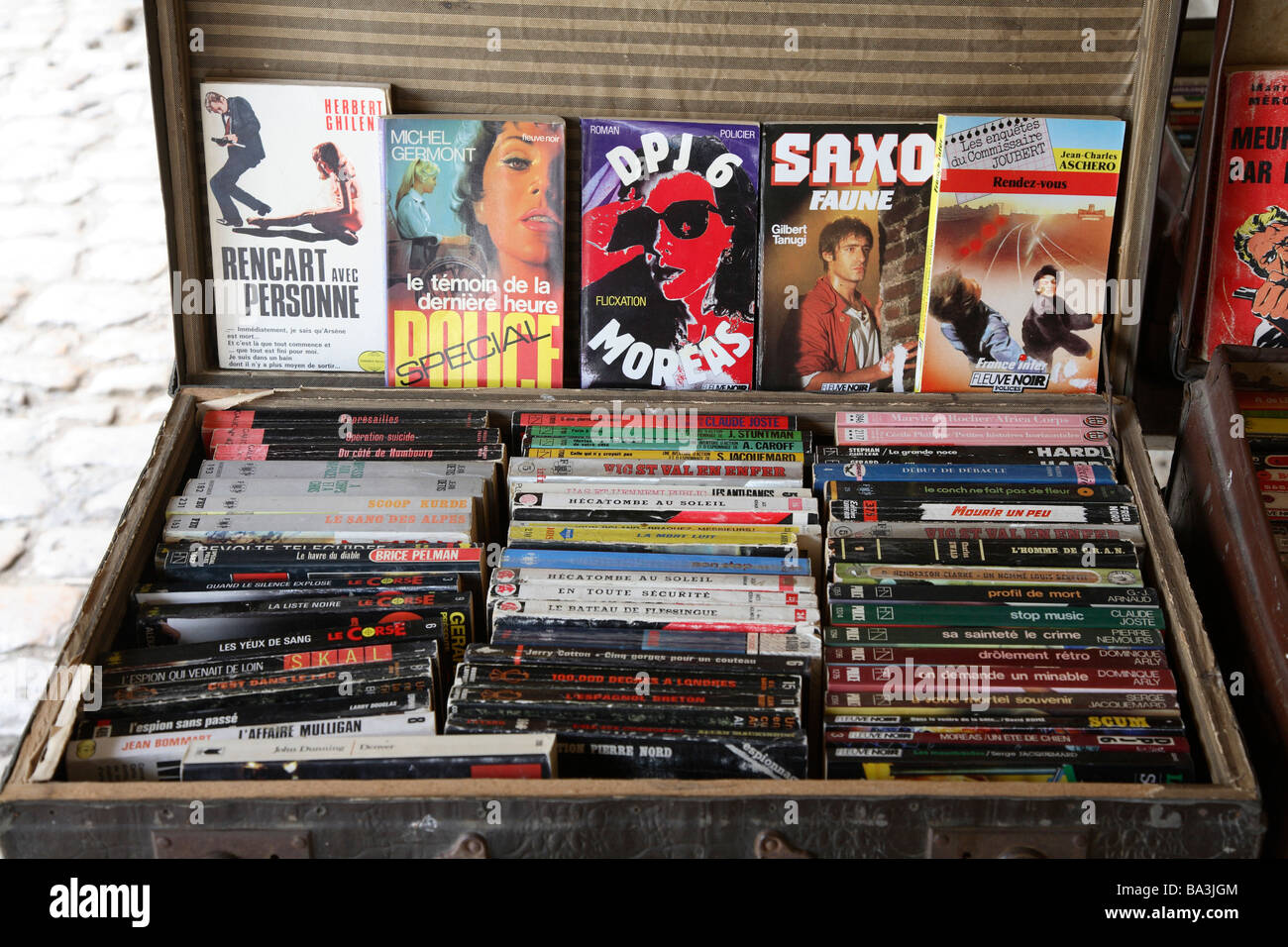 Old French books on sale at a Bric-a-Brac shop at Noyers sur Serein, France. Stock Photo