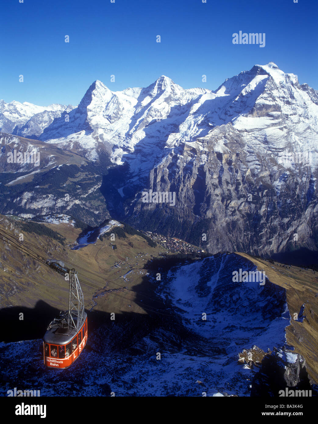 Cable Car heading for the summit of the Schilthorn mountain above the