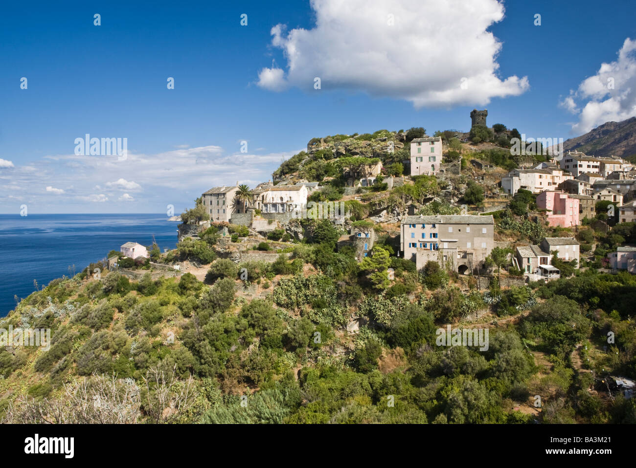 The clifftop village of Nonza Cap Corse Corsica France Stock Photo