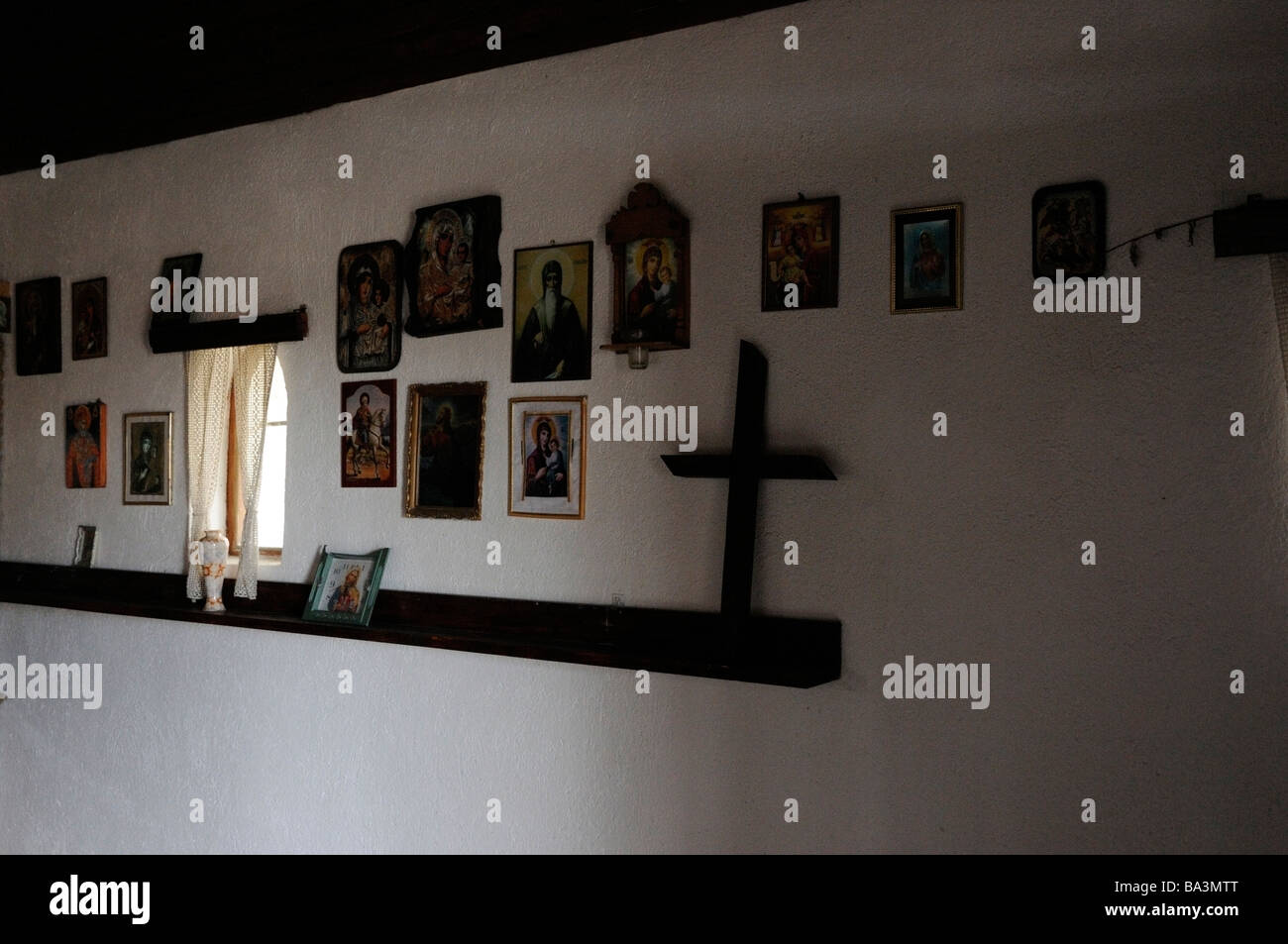 Inside of a small, Bulgarian Orthodox chapel, Predela, rural Bulgaria. Stock Photo