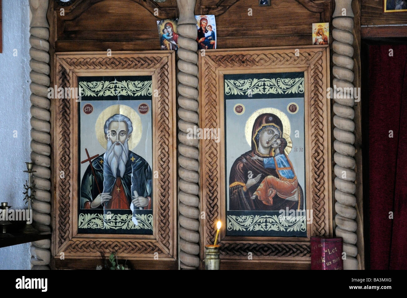 Inside of a small, Bulgarian Orthodox chapel, Predela, rural Bulgaria. Stock Photo