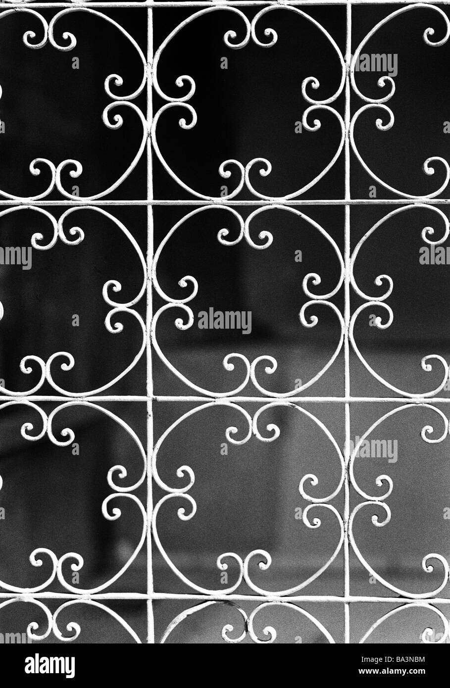 Seventies, black and white photo, symbolic, gate, lattice gate, ornaments, wrought-iron Stock Photo