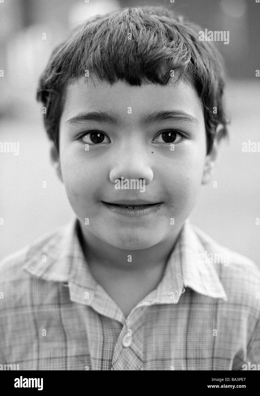 Seventies, black and white photo, people, children, little boy, portrait, aged 9 to 12 years Stock Photo
