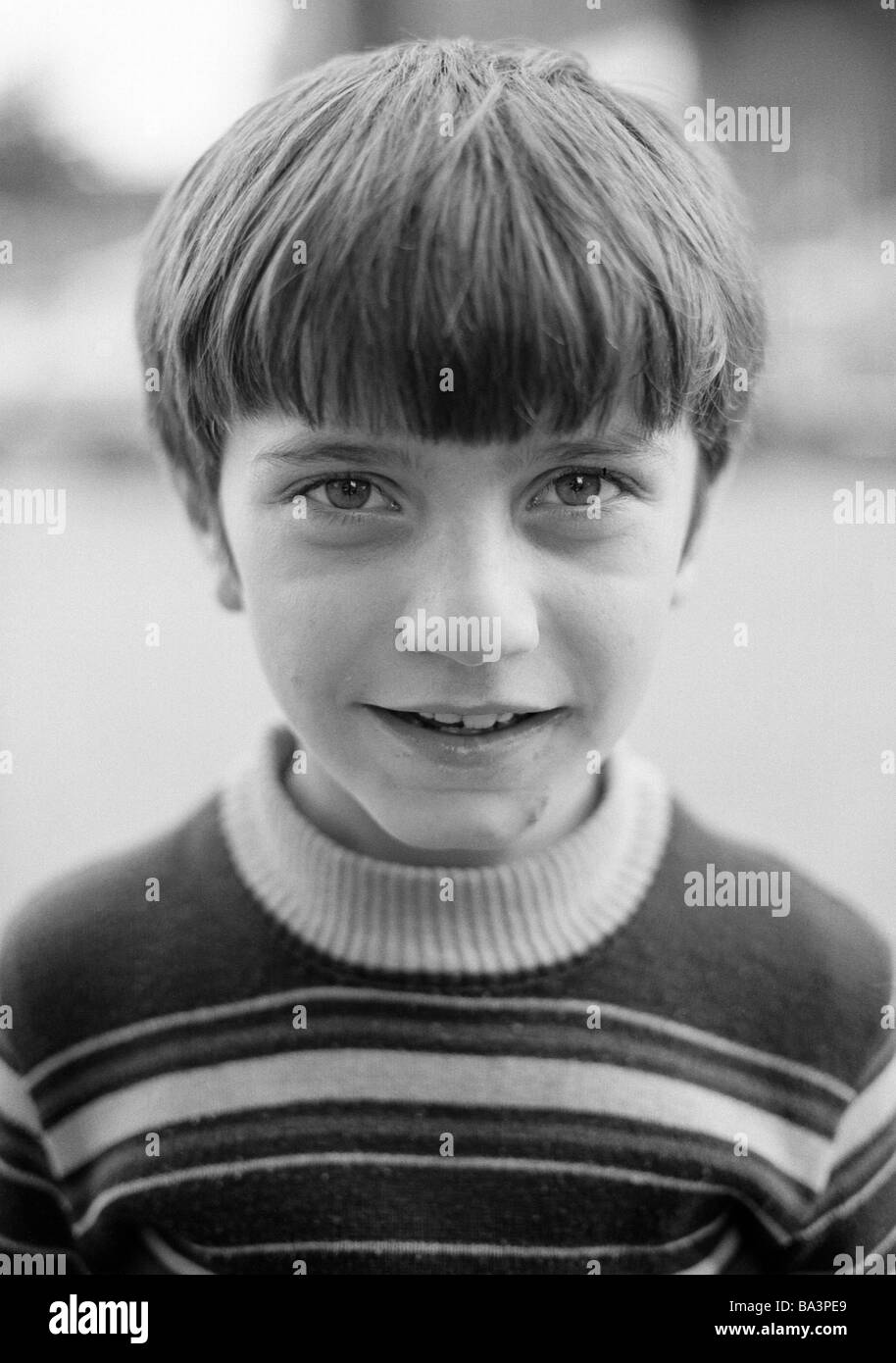 Seventies, black and white photo, people, children, little boy, portrait, aged 9 to 12 years Stock Photo