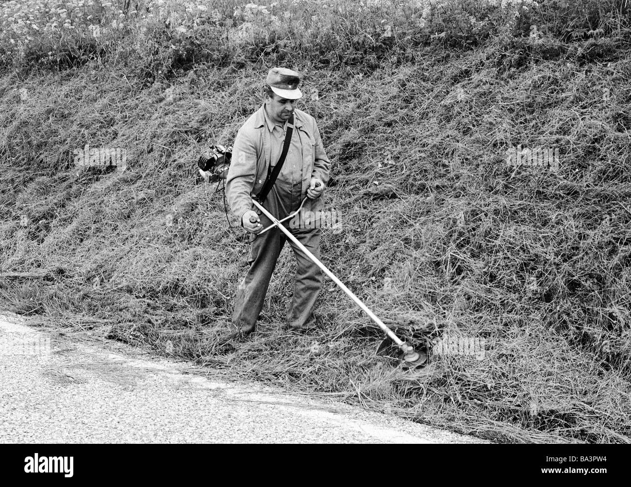 Eighties, black and white photo, economy, work, occupation, gardening, landscape gardener mows the grass on a slope, aged 40 to 50 years, Black Forest, Baden-Wuerttemberg Stock Photo