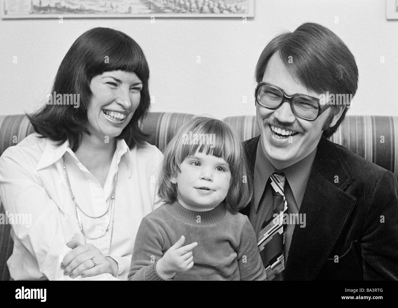 Seventies, black and white photo, people, young family, one child, woman, aged 30 to 35 years, girl, aged 3 to 4 years, man, aged 30 to 40 years, Ria, Kathrin, Wolfgang Stock Photo