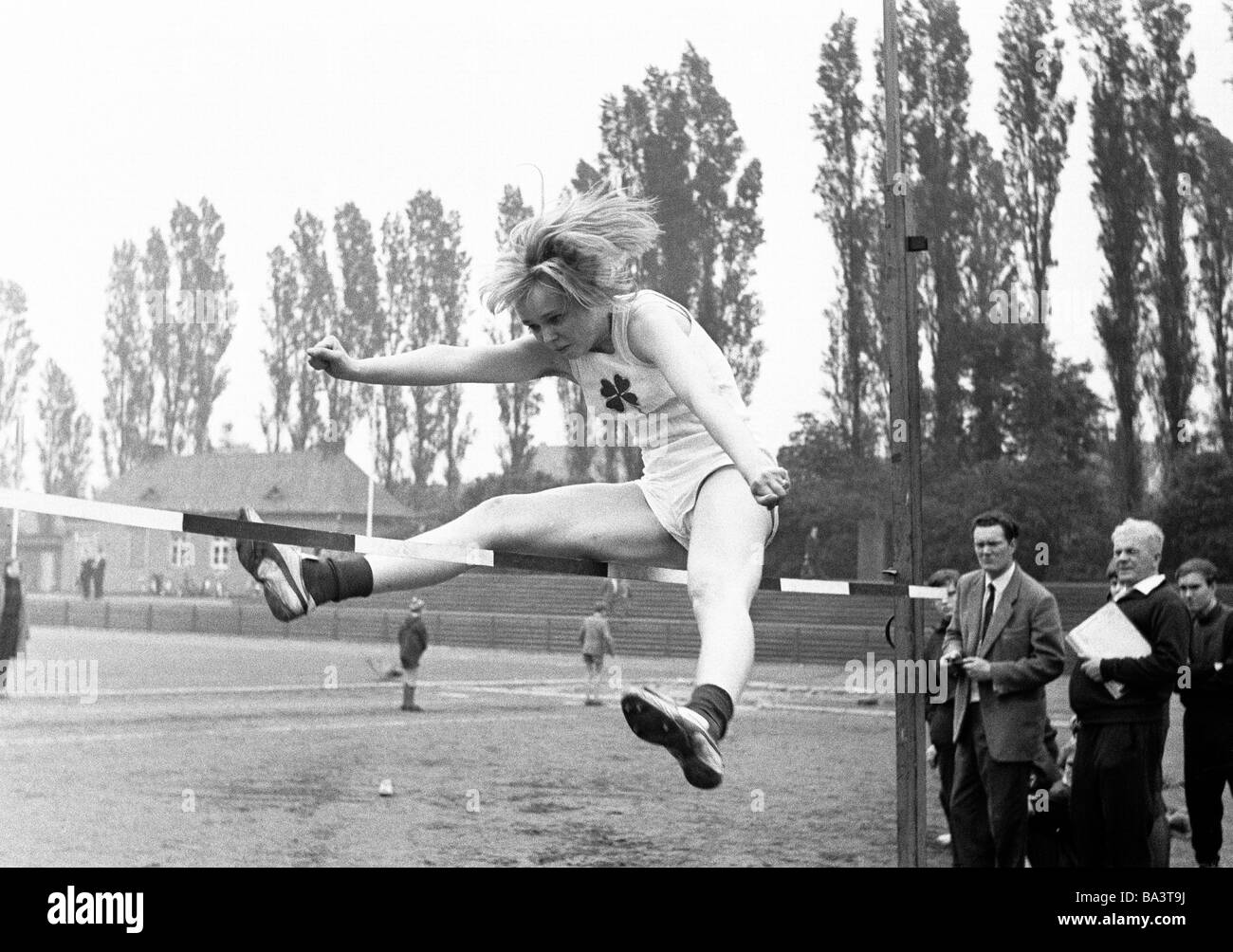 Sixties, black and white photo, sports, Athletics, sports meeting 1965 in the Jahn Stadium Bottrop, high jump, women, high jumper of RW Oberhausen, D-Bottrop, Ruhr area, North Rhine-Westphalia Stock Photo