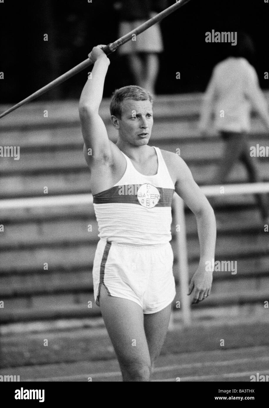 Sixties, black and white photo, sports, athletics, International Meeting in Athletics 1966 in Krefeld-Uerdingen, javelin throwing, men, Rolf Herings of Bayer Leverkusen, D-Krefeld, D-Krefeld-Uerdingen, Lower Rhine, North Rhine-Westphalia Stock Photo