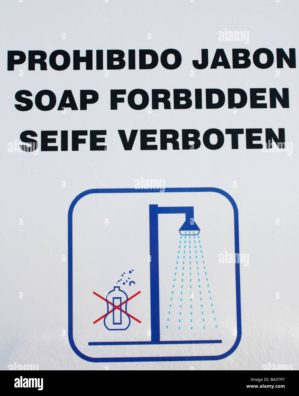 Soap forbidden sign on Shower on beach in Spain Stock Photo Alamy