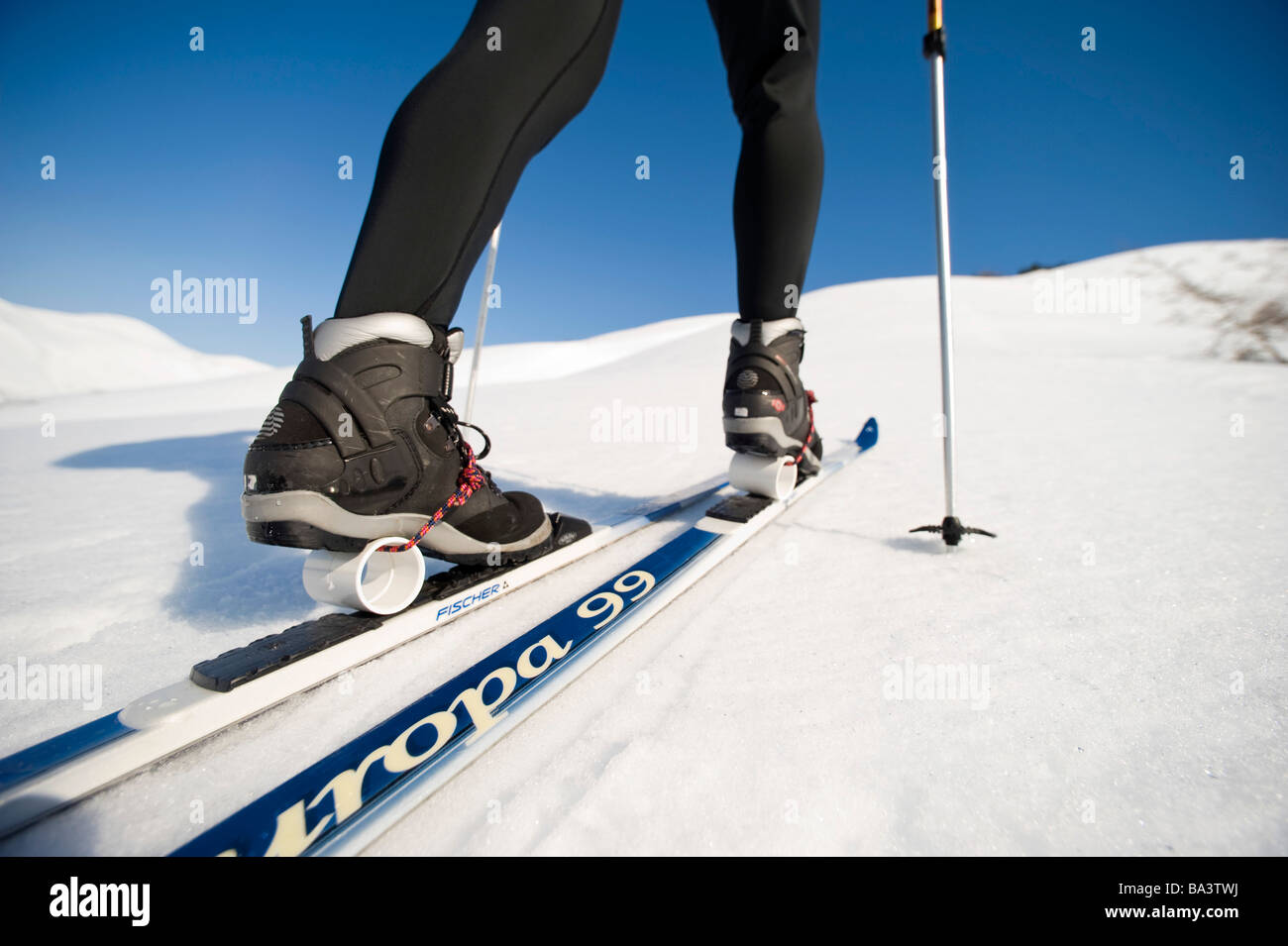 Close up of a skier's boots & skis, Chugach National Forest, Alaska Stock Photo