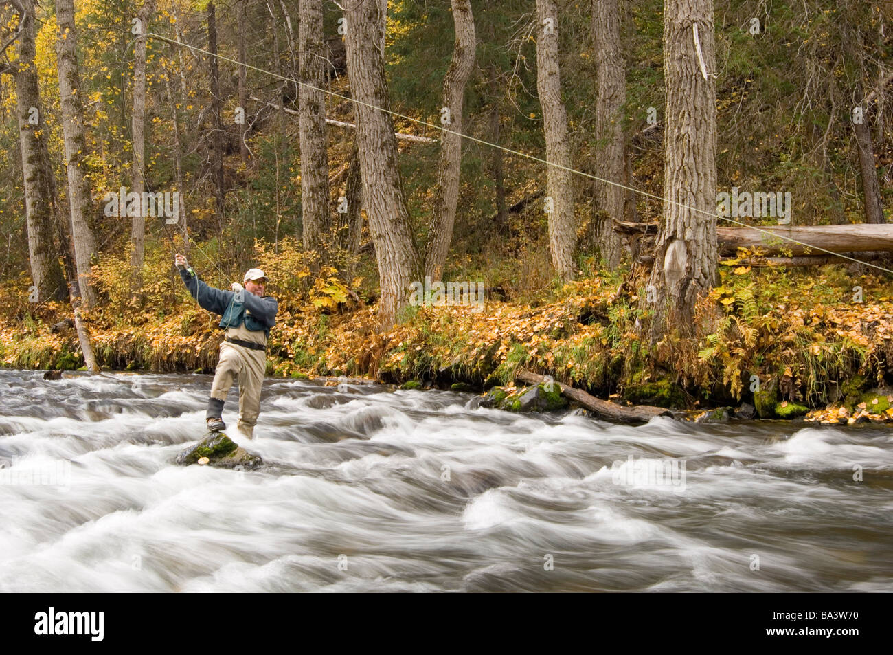 Flyfisherman on Russian River Kenai Peninsula Alaska Autumn Stock Photo