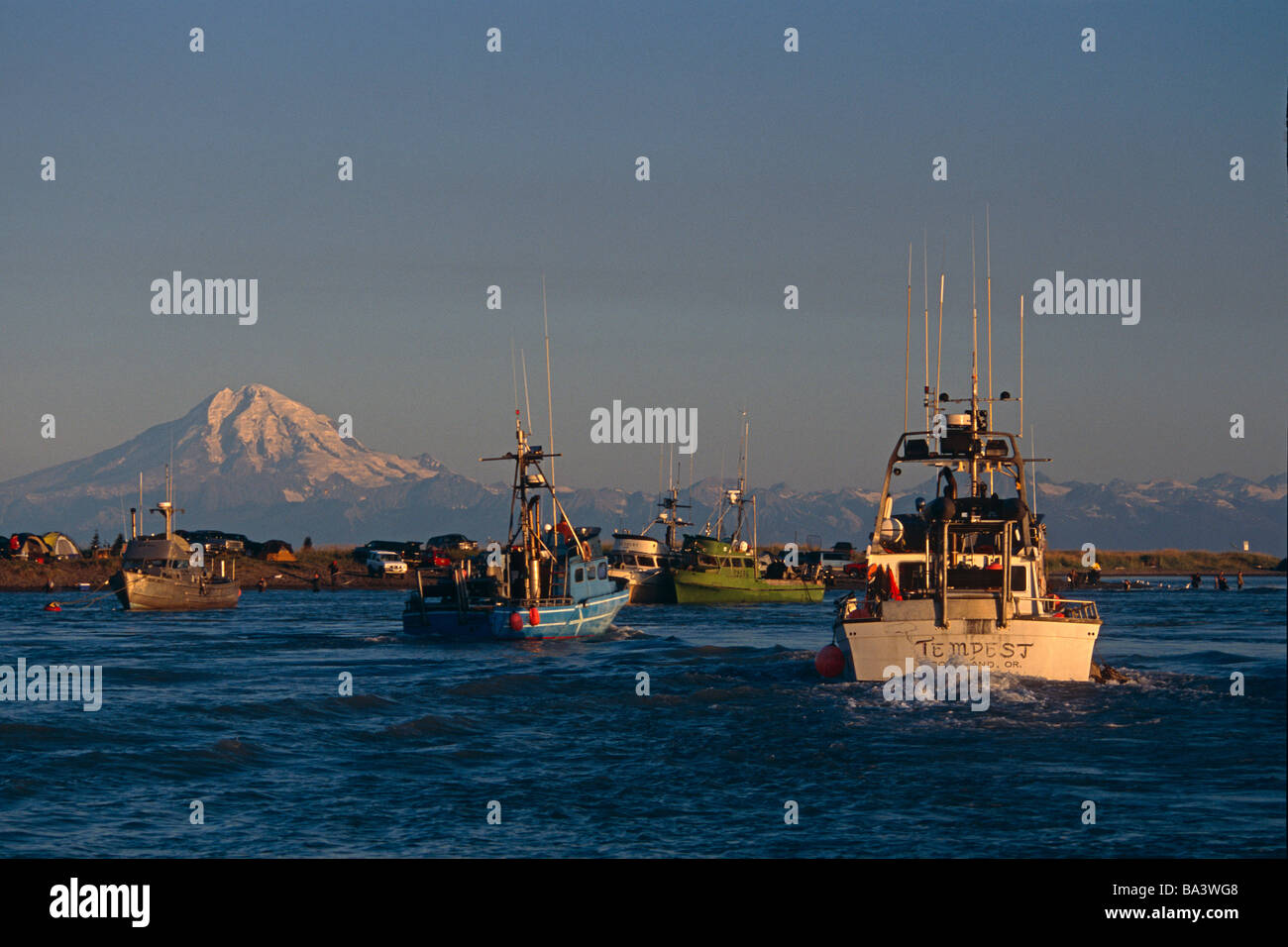 People on Kasilof River Fishing boat background