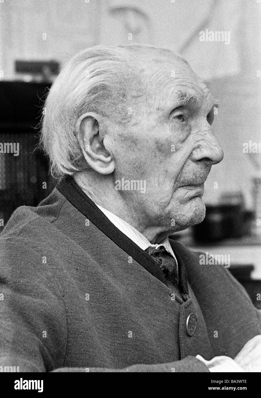 Seventies, black and white photo, people, older man, portrait, waistcoat, aged 90 to 100 years Stock Photo