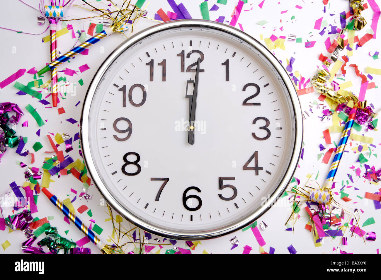 Confetti Party Horn Blower and Clock Stock Photo Alamy
