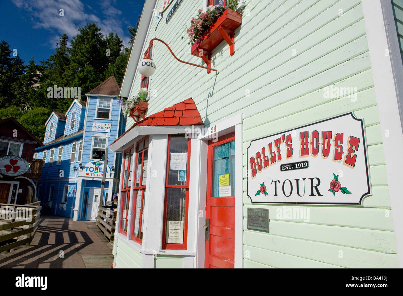 View of buildings along Creek Street in Ketchikan, Alaska during Summer Stock Photo