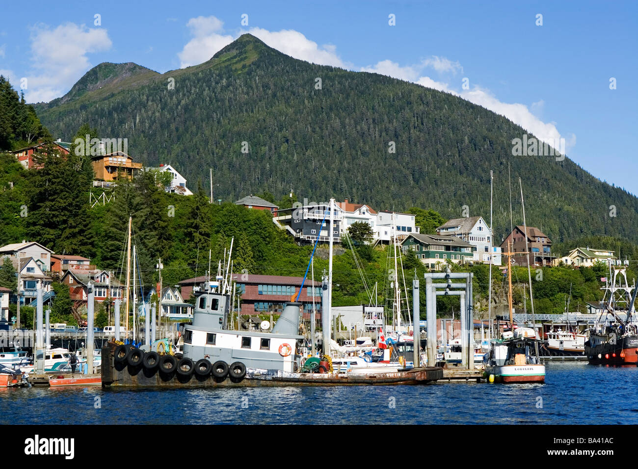Tugboat & boat harbor w/residential homes below Deer Mtn Ketchikan