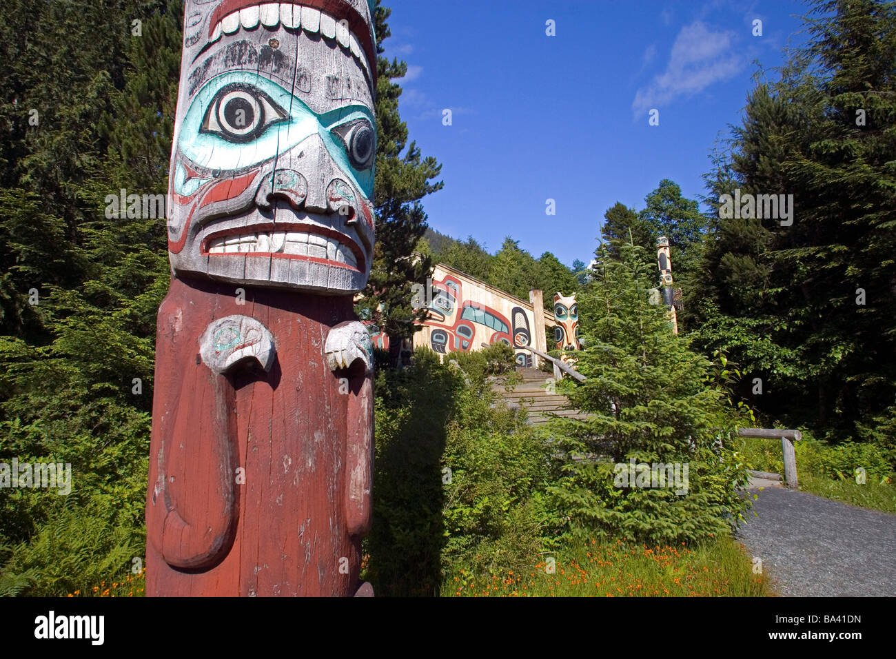 Totem poles & Clan House @ Saxman village near Ketchikan Alaska ...