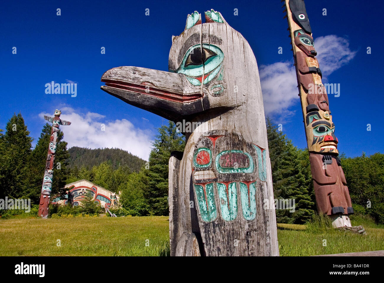 Totem poles & Clan House @ Saxman village near Ketchikan Alaska ...