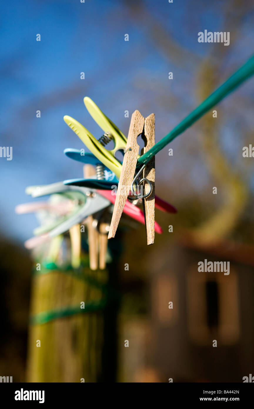 clothes pegs on washing line Stock Photo Alamy