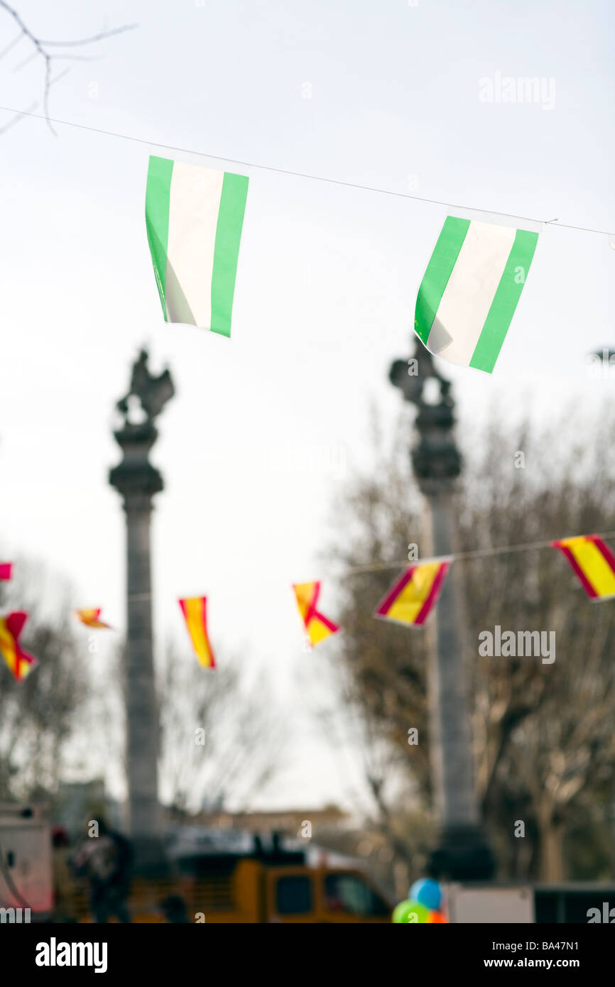 Andalusian and Spanish flags, Alameda de Hercules, Seville, Spain Stock