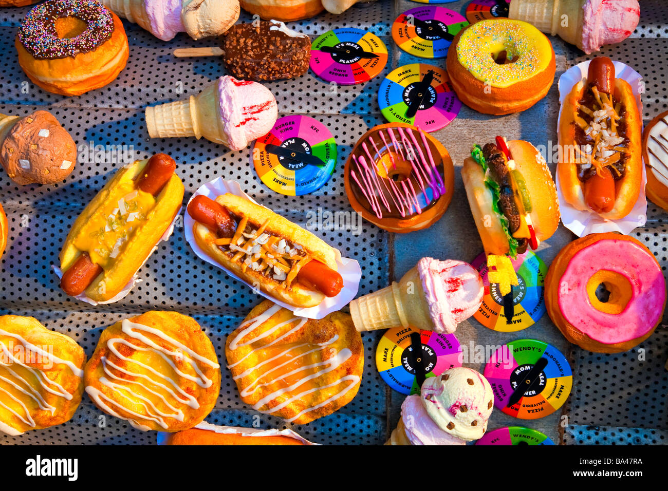 Unhealthy Food or Junk Food or Fast Food like Donuts,hot dogs,Hamburger,Ice cream, Stock Photo