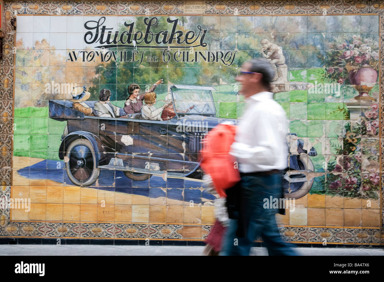 Mosaic made with glazed ceramic in a vintage advertisement of Studebaker motor company town of Seville autonomous community of Stock Photo
