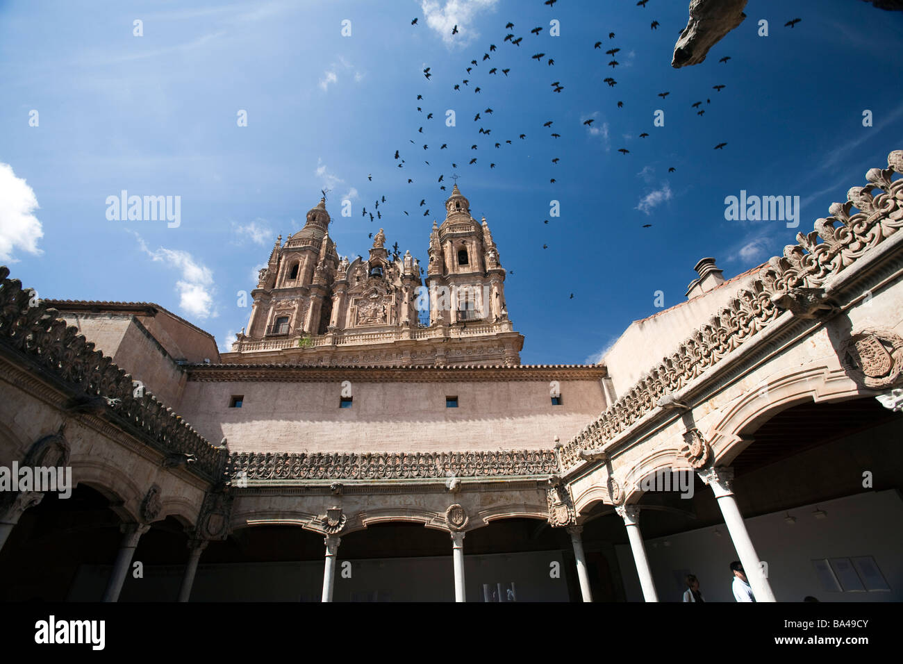 The House of the Shells gothic cloister and the baroque facade of Clergy church on the background town of Salamanca autonomous Stock Photo