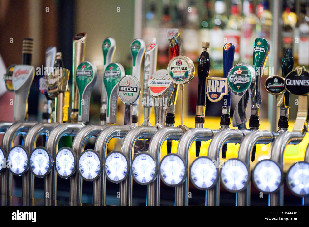 Beer taps from different brands in a pub Dublin Ireland Stock Photo Alamy