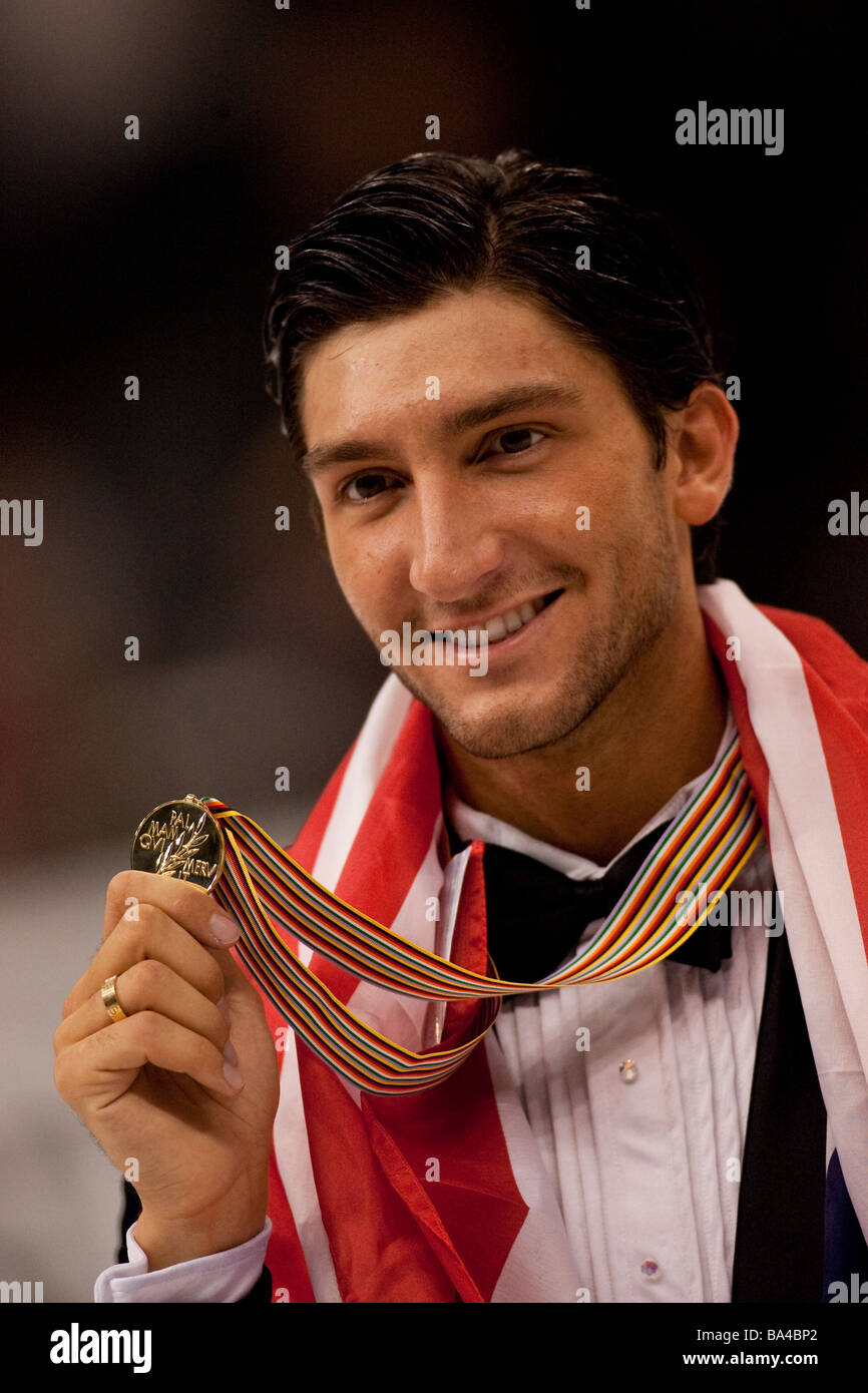 Evan Lysacek USA gold medal winner in the Men competition at the 2009 World Figure Skating Championships Stock Photo