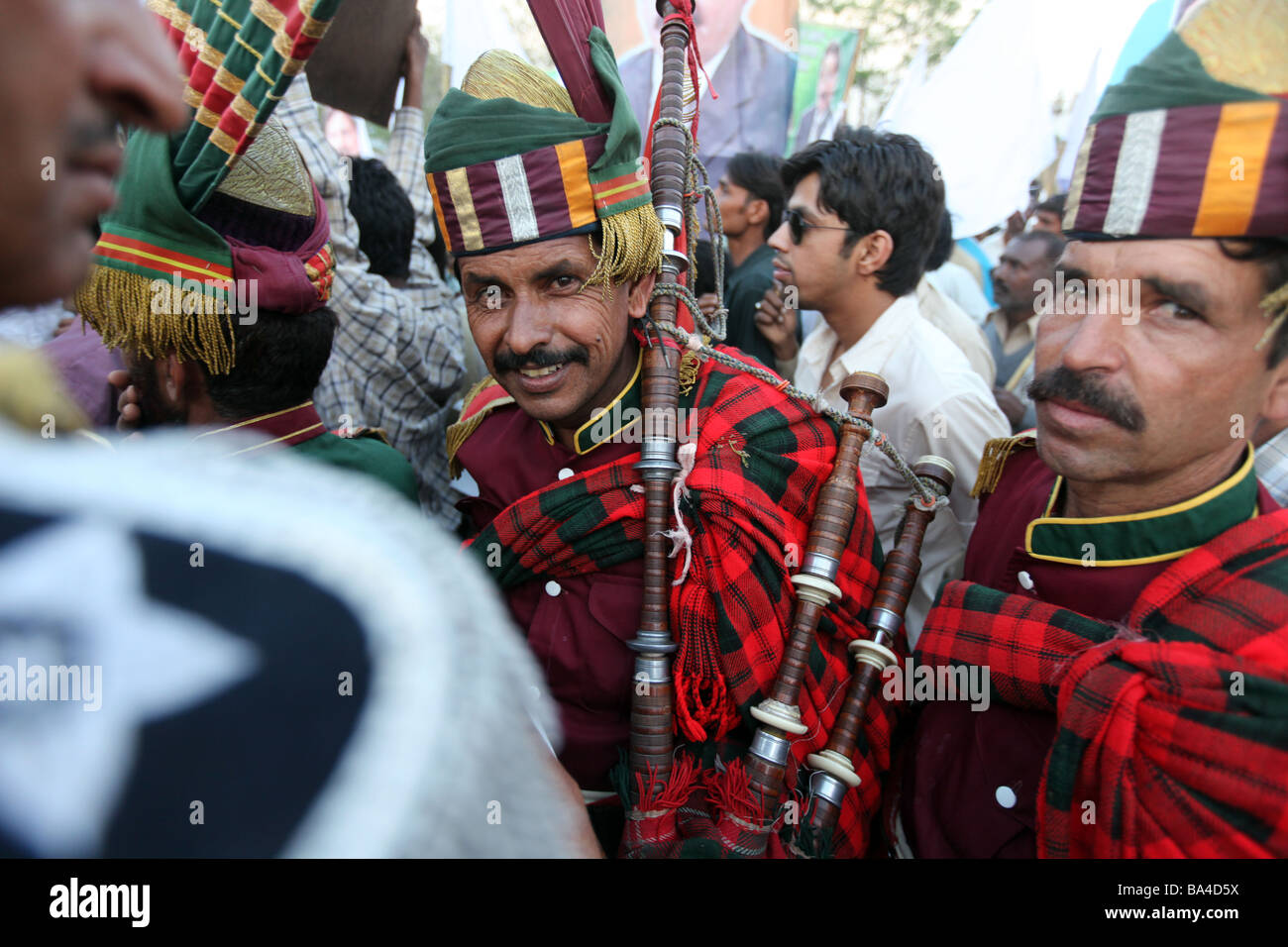 Pakistani pipers joining celebrations outside the Islamabad home of chief justice Iftikar Chaudhry Stock Photo