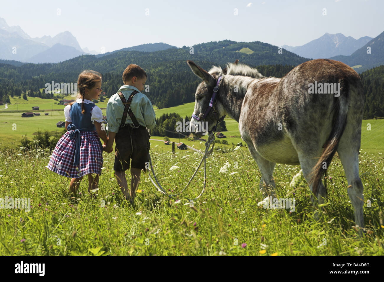 Highland-shaft meadow boy girls official dress donkeys back-opinion leads series mountains mountain-meadow people 5-10 years Stock Photo