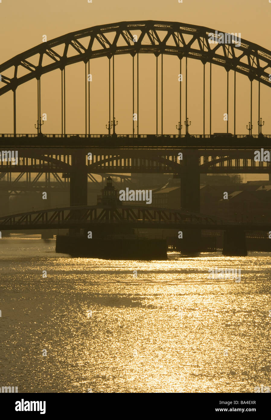 View down the Tyne river and bridges late afternoon, Newcastle upon tyne, Gateshead, England. Stock Photo