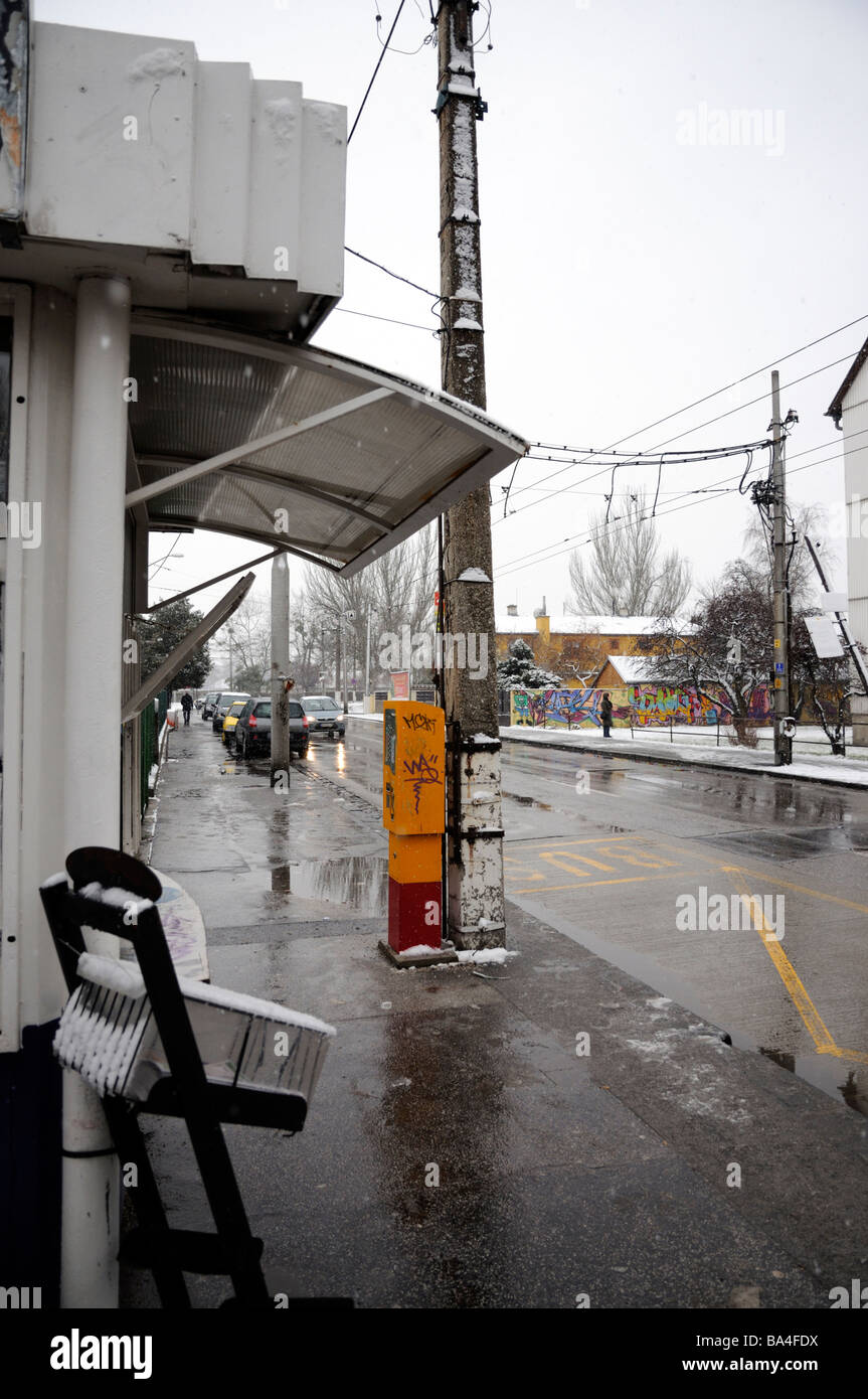 Road side kiosk from bus stop in suburb of Bratislava, Slovakia in Winter. Stock Photo